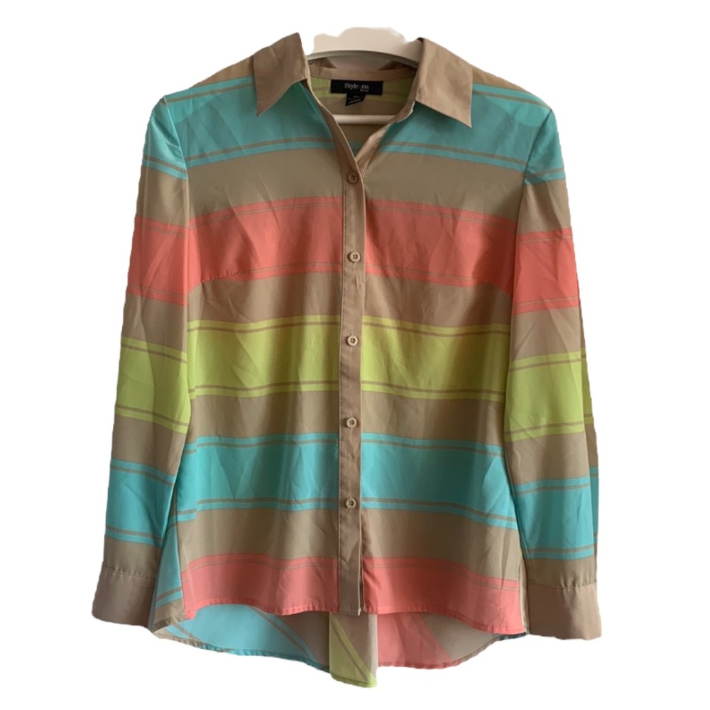 Style & Co. Button Up Blouse Pastel Medium Petite Stripe Business Casual Office